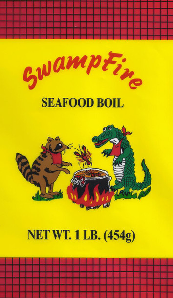 Oak Grove Smokehouse Swamp Fire Boil 16oz, bright yellow package with cartoon images of a raccoon and an alligator cooking seafood in a boiling pot.