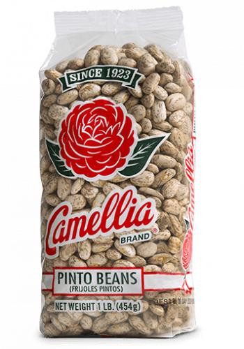 Camellia Pinto Beans, 1lb package of dried pinto beans with a red rose logo and green accents, net weight 1 lb (454g)