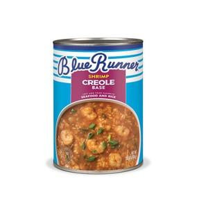 Blue Runner Shrimp Creole Base 25oz, a can of seafood and rice seasoning with shrimp creole flavor inside a blue and purple labeled can.