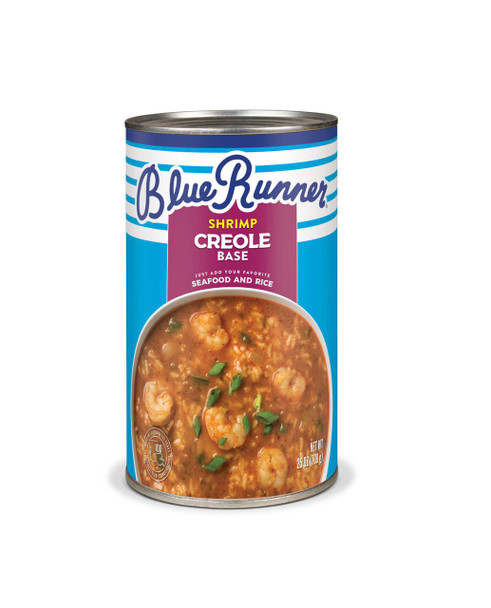 Blue Runner Shrimp Creole Base 25oz, seafood and rice dish in a can with shrimp and garnished with green onions.