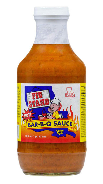 Kary's Roux Pig Stand HOT BBQ Sauce 16oz, bottle of tangy Cajun-style barbecue sauce with a cartoon pig illustration on the label.