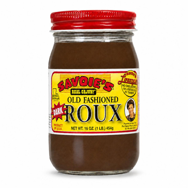 Savoies Dark Roux 16oz, glass jar of dark roux with yellow and red label featuring a woman's photo and cooking information.