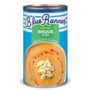 Blue Runner Creole Bisque Base 25oz, canned soup base with a label showing a bowl of bisque garnished with seafood, ideal for seafood dishes.