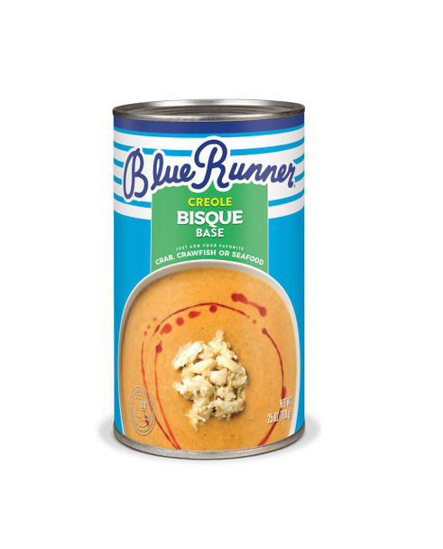 Blue Runner Creole Bisque Base 25oz, canned seafood base with a label showing a bowl of creamy bisque garnished with seafood.