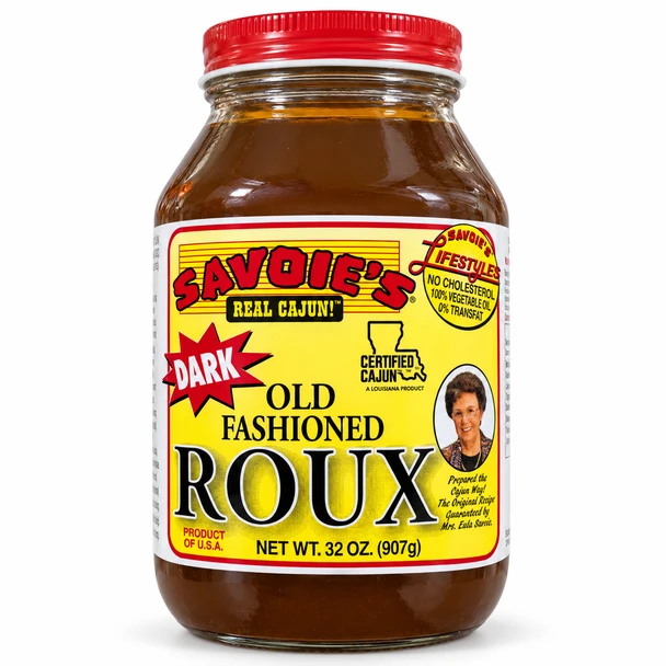 Savoie's Dark Roux 32oz, jar of traditional dark roux for Cajun and Creole cooking with authentic flavor.