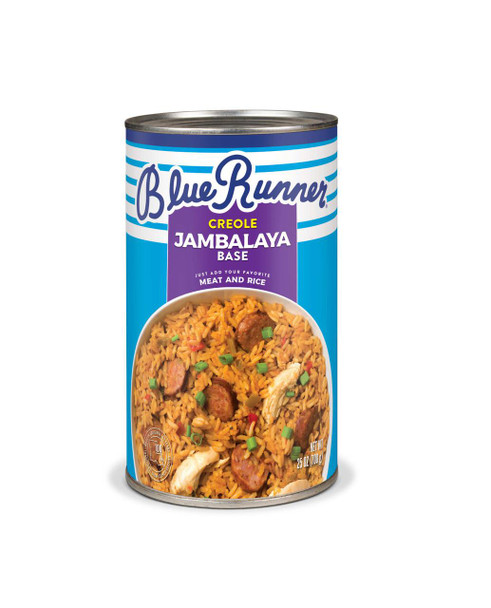 Blue Runner Creole Jambalaya Base 25oz, can of creole jambalaya base with an image of seasoned rice, sausage, and chicken on the label.