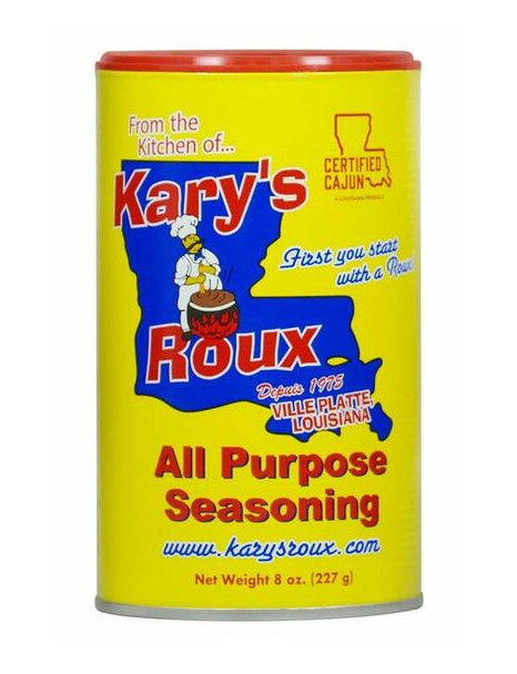 Kary's Roux Seasoning 8oz, bright yellow container with red and blue text, featuring a chef illustration and Louisiana certification for all-purpose seasoning.