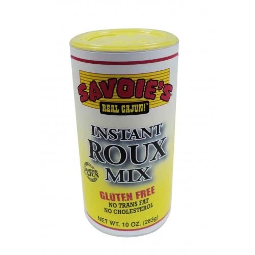 Savoie's Savoies Gluten Free Instant Roux Mix 10oz, a yellow-lidded container of gluten-free roux mix for Cajun cuisine with product information on the label.