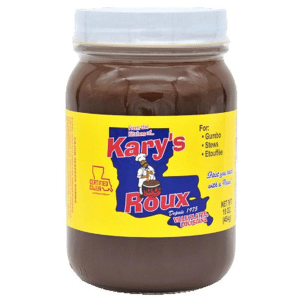 Kary's Roux Kary's Dark Roux 16oz jar, a brown paste used for cooking and thickening sauces.