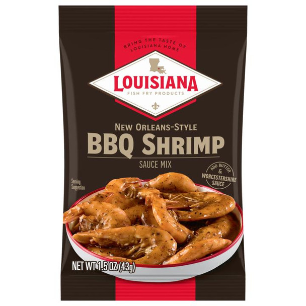 Louisiana Fish Fry BBQ Shrimp Mix 1.5oz, image of a packaged shrimp seasoning with cooked shrimp illustration