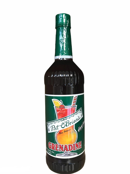 Pat O'Brien's Grenadine 33.8oz, bottle of bright red grenadine syrup with green label and colorful cocktail illustration.