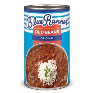 Blue Runner Creole Cream Style Original Red Beans, 27oz can of ready-to-eat beans with red beans in creamy sauce and garnish of rice with herbs.