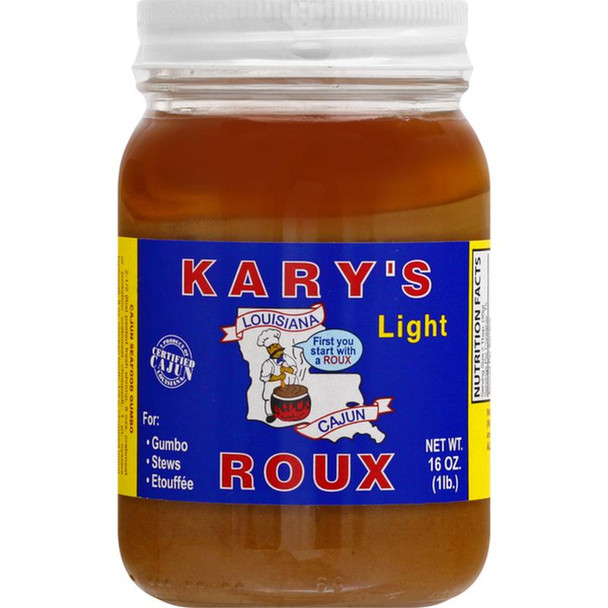 Kary's Roux Kary's Light Roux 16oz - A jar of light brown roux sauce for gumbo, stews, and étouffée with a blue label featuring Louisiana and Cajun themes.