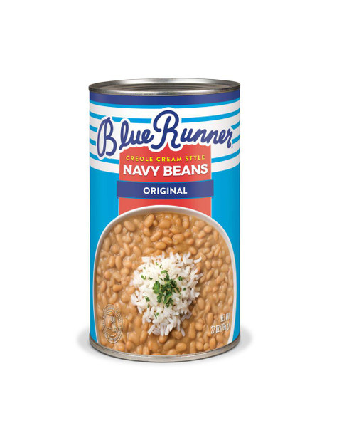 Blue Runner Creole Cream Style Navy Beans 27oz, canned navy beans with a label showing a bowl of cooked beans garnished with rice and green herbs.