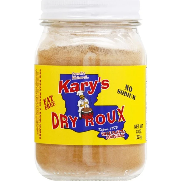 Kary's No Fat Dry Roux 8oz, a jar of traditional dry roux seasoning with a bright yellow label and red, blue, and white text.