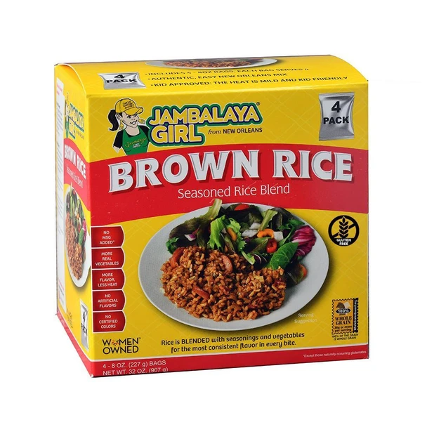 Jambalaya Girl Seasoned Brown Rice Blend 8oz - 4 Pack, boxed rice mix with colorful packaging and a plate of prepared seasoned rice with vegetables.