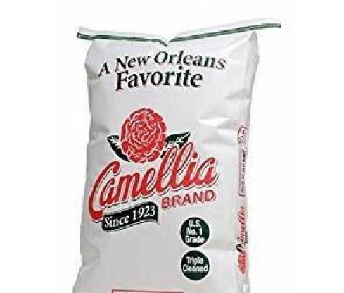 Camellia Black Beans 25 lb, white bag with red and black text and a red rose logo, containing high-quality black beans for cooking.