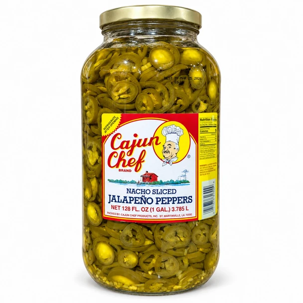 Cajun Chef Nacho Sliced Jalapeño Peppers 128oz jar, sliced green jalapeño peppers in brine with label showing product details and nutrition facts.
