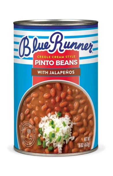 Blue Runner Creole Cream Style Pinto Beans with Jalapenos 16oz, can of pinto beans with jalapenos featuring a label with a bowl of beans garnished with rice and green onions.