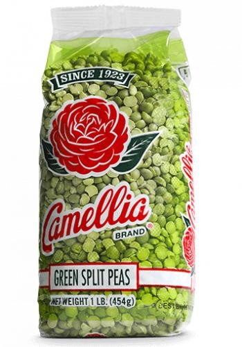 Camellia Green Split Peas 1lb, a clear image of a green plastic bag containing green split peas with a red and white Camellia brand logo and label.