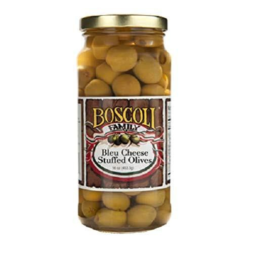 Boscoli Foods Boscoli Bleu Cheese Stuffed Olives 16oz, a glass jar filled with green olives stuffed with blue cheese, with a label displaying the product name and brand.