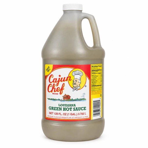 Cajun Chef Green Louisiana Hot Sauce 128oz, large gallon bottle with colorful label featuring a chef illustration and a scenic Louisiana background.