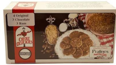 Creole Delicacies Assorted Praline Box, a box of assorted pralines with a picture of pralines and related ingredients on the packaging.
