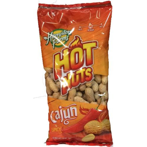 Cajun Creole Hot Nuts 10oz, spicy roasted nuts in a red and orange bag with flaming design and hot sauce imagery.