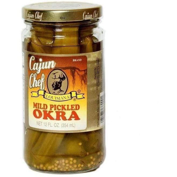 Cajun Chef Mild Pickled Okra 12oz, jar of sliced pickled okra with mustard seeds in liquid