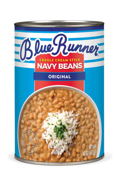 Blue Runner Creole Cream Style original Navy Beans, 16oz can of creamy cooked navy beans garnished with shredded cheese and parsley.