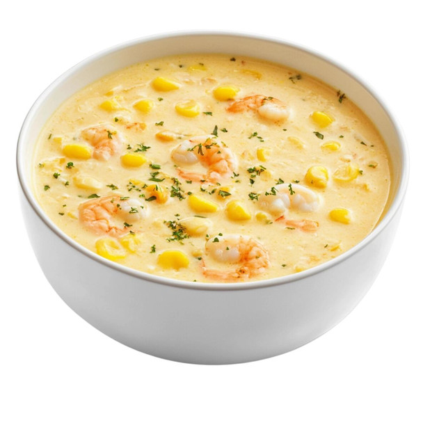 Dr Gumbo Shrimp and Corn Soup 2.5lb, creamy seafood soup with shrimp, corn, garnished with chopped herbs in a white bowl.