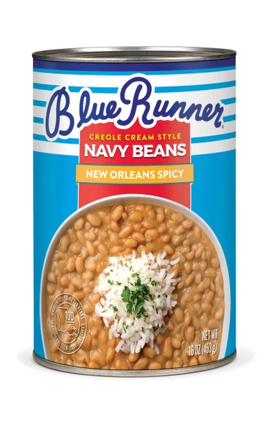 Blue Runner Creole Cream Style Spicy Navy Beans 16oz, canned beans with creamy, spicy navy beans topped with rice and herbs.