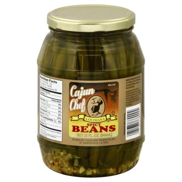 Cajun Chef Spicy Green Beans 32oz, jar of seasoned green beans with a beige lid and label showing nutritional facts and branding.