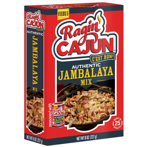 Ragin Cajun Jambalaya 8oz, packaged in a red box with a picture of seasoned jambalaya stew.