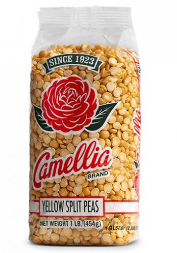 Camellia Yellow Split Peas 1lb, packaged yellow split peas in a clear plastic bag with a red and green label.