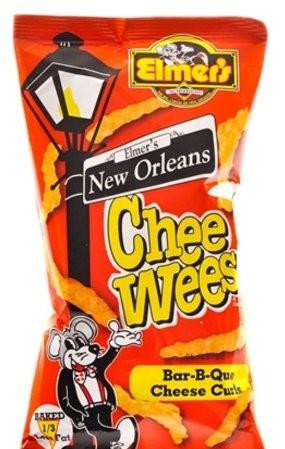 Elmer's Chee Wees Barbeque Chips, 0.875 oz bag of cheesy barbecue flavored snack chips with cartoon mascot and street lamp design.