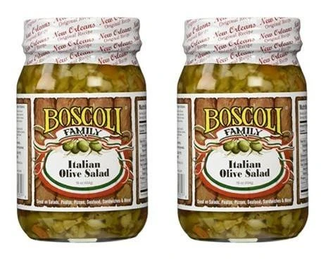 Boscoli Foods Boscoli Italian Olive Salad 15.5oz 2 Pack, two jars of olive salad with green olives and vegetables in glass jars with white and red lids.