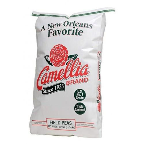 Camellia Field Peas 25 lb bag, white packaging with red and green branding for a durable batch of field peas.