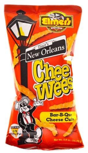 Elmer's Chee Wees Barbeque 2oz, a snack bag featuring cheesy cheese curls with a bright orange and yellow packaging design, including a cartoon mouse mascot and a vintage streetlamp illustration.