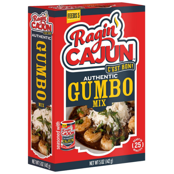 Ragin Cajun Cajun Gumbo 5oz, package of Cajun seasoning mix with images of rice, shrimp, and herbs on the front.