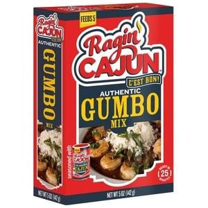 Ragin Cajun Cajun Gumbo 5oz, image of the product box showing the Ragin Cajun logo and an image of a prepared gumbo dish with sausage and vegetables.