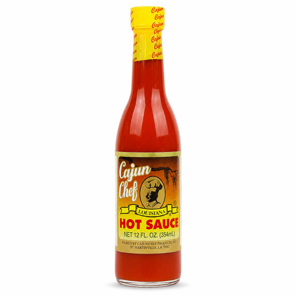 Cajun Chef Louisiana Hot Sauce 12oz, bottle with red hot sauce and yellow label featuring a chef's silhouette and Louisiana theme.