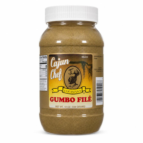 Cajun Chef Gumbo File 12oz, jar of flavorful gumbo filé powder with a yellow label and a white cap, used for seasoning gumbo and traditional Louisiana cuisine.