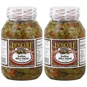 Boscoli Italian Olive Salad 32oz 2 Pack, two glass jars filled with mixed green and black olives, vegetables and herbs, with labels and white screw-on lids.