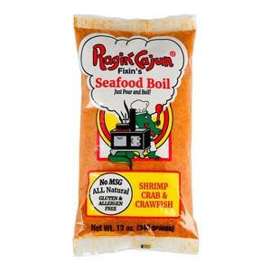 Ragin Cajun Seafood Boil 12oz, packet with vibrant logo and shrimp, crab, and crawfish ingredients