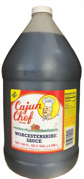 Cajun Chef Worcestershire Sauce 128oz, large plastic bottle of dark brown Worcestershire sauce with a red and yellow label featuring a chef illustration and product details