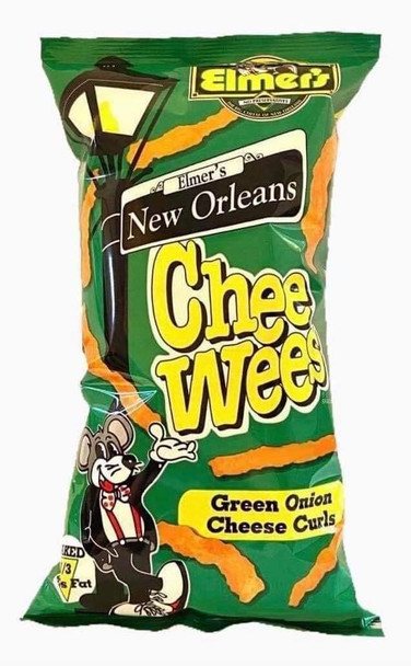 Elmer's Chee Wees Green Onion 2 oz snack bag, green packaging with cartoon mouse mascot, featuring green onion cheese curls illustration.