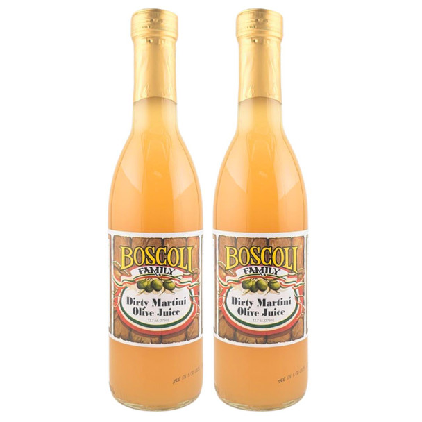 Boscoli Foods Boscoli Dirty Martini Olive Juice 12.7oz 2 Pack, two bottles of olive juice with golden caps and labels showing green olives.