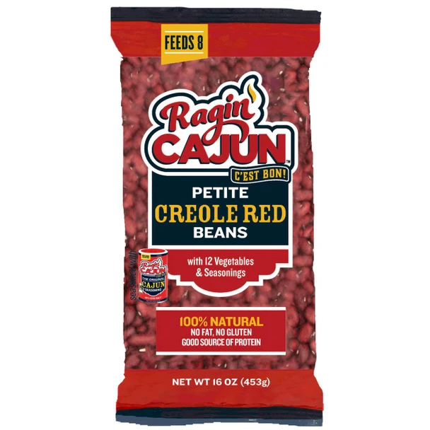 Ragin Cajun Petite Red Beans, 16oz package with red beans and label details.