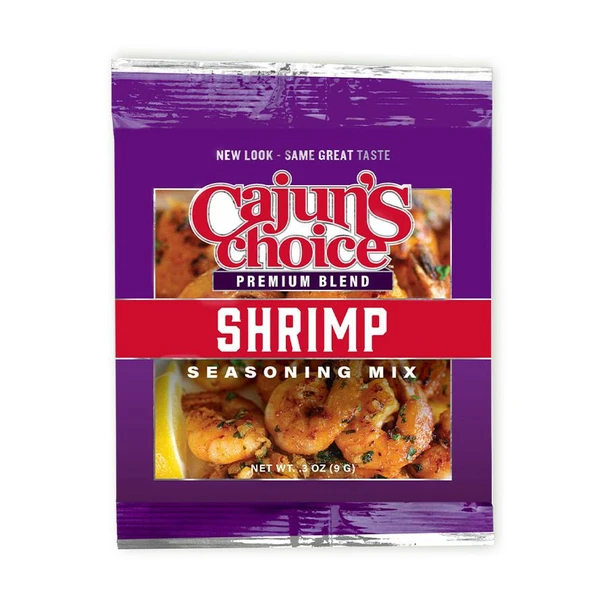 Cajun's Choice Cajun Shrimp Seasoning 3oz, packaged in a purple seasoning packet with an image of seasoned shrimp and lemon wedges.